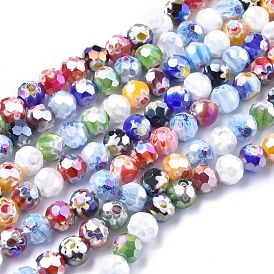 Faceted Round Handmade Millefiori Glass Beads Strands, AB Color Plated, 9.5~10mm, Hole: 1.5mm, about 38pcs/strand, 14.1 inch