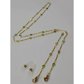 Brass Bar Link Chains Eyeglasses Chains, Neck Strap for Eyeglasses, with Glass Rhinestone, 304 Stainless Steel Lobster Claw Clasps and Rubber Holders
