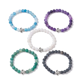 Dyed Natural Weathered Agate Round Beads Stretch Bracelets, Alloy Turtle Bracelet