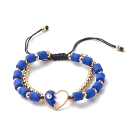 Adjustable Nylon Thread Braided Bracelets, with Alloy Enamel Heart with Evil Eye Link, Handmade Polymer Clay & Brass Beads