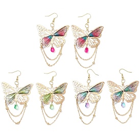 Серьги-подвески из стекла, железа и смолы, с фурнитурой из латуни, бабочка, золотые