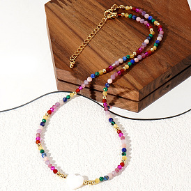 Bohemian Style Colorful Natural Stone Beaded Necklaces,  Shell Pearl Heart Pendant Fashion Necklaces