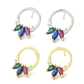 Rings Shape Brass Stud Earrings, with Colorful Cubic Zirconia, Long-Lasting Plated, Lead Free & Cadmium Free