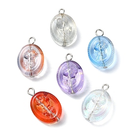 Transparent Glass Pendants, with Platinum Tone Iron Loops, Oval Charm