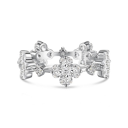 Clear Cubic Zirconia Clover Finger Rings, Rhodium Plated 925 Sterling Silver Ring for Women