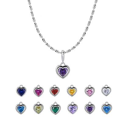 925 Sterling Silver Pave Cubic Zirconia Birthstone Heart Pendant Necklaces for Women, Silver Color Plated