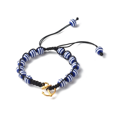 Strip Round Resin Braided Bead Bracelet for Teen Girl Women, Anchor Alloy Charm Bracelet
