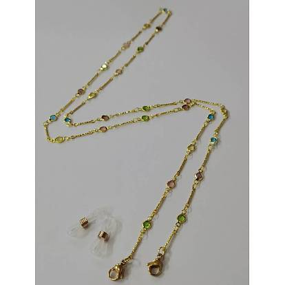 Brass Bar Link Chains Eyeglasses Chains, Neck Strap for Eyeglasses, with Glass Rhinestone, 304 Stainless Steel Lobster Claw Clasps and Rubber Holders