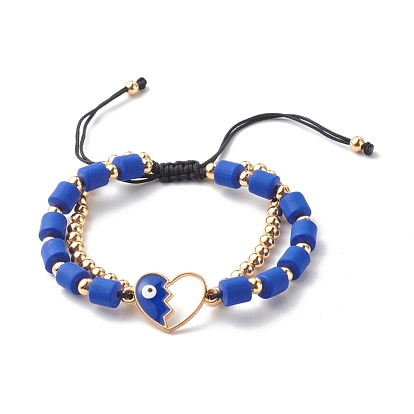 Adjustable Nylon Thread Braided Bracelets, with Alloy Enamel Heart with Evil Eye Link, Handmade Polymer Clay & Brass Beads