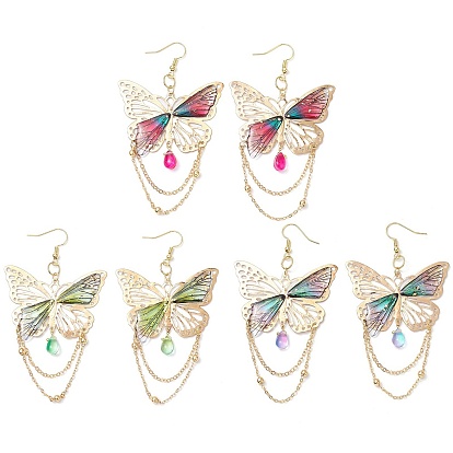 Серьги-подвески из стекла, железа и смолы, с фурнитурой из латуни, бабочка, золотые