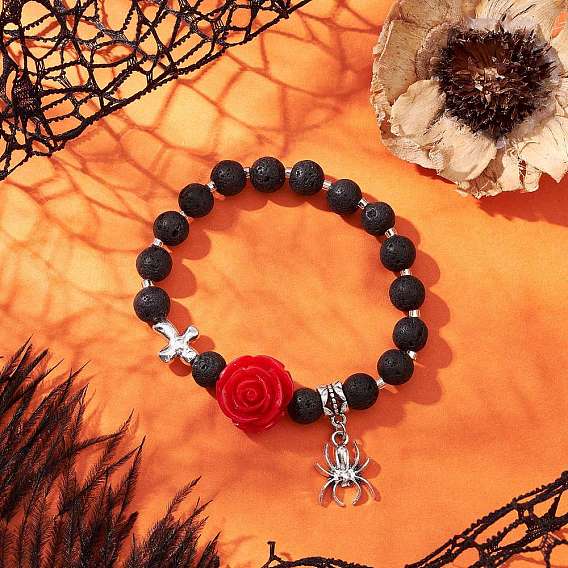 Тематика хэллоуина натуральные и синтетические лавовые камни круглые бусины эластичные браслеты, Браслеты с подвесками из сплава в тибетском стиле для женщин, со смолевыми бусинами