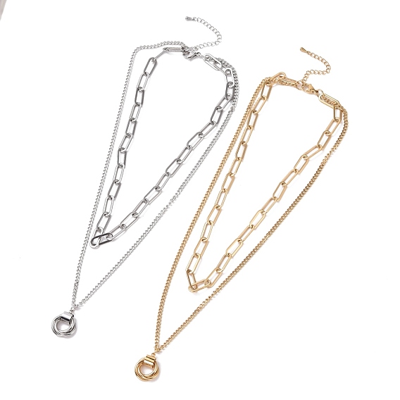 304 Stainless Steel Double Chains Multi Layered Necklace with Rings Charm for Women