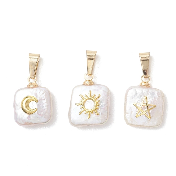 3шт. 3 стили барокко натуральные жемчужины кеши квадратные подвески, с латунными пластинами луны, солнца и звезды, цветочный белый