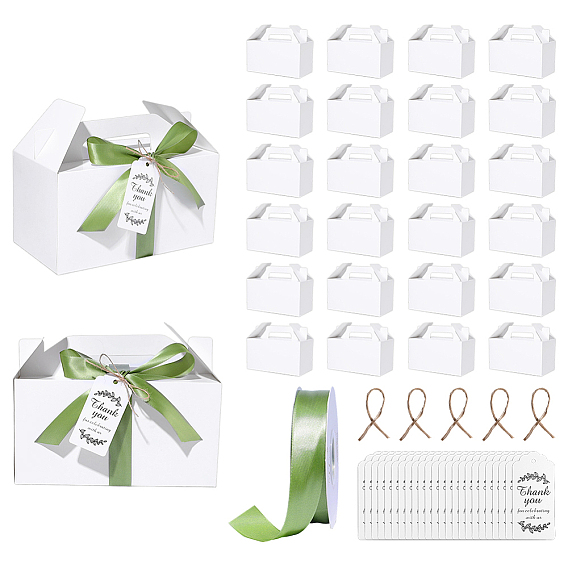 24шт. прямоугольные белые бумажные коробки для конфет, подарочные коробки с вырезанными ручками, В комплекте: 24 бумажные подарочные бирки и 1 рулон полиэстеровой ленты.