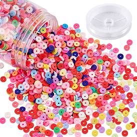 Handmade Polymer Clay Beads, Disc/Flat Round, Heishi Beads, with Clear Elastic Crystal Thread
