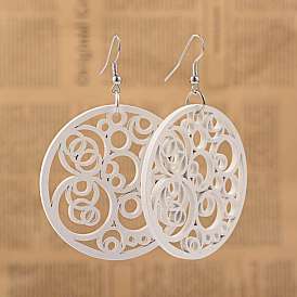 Simple Design Filigree Flat Round Wood Dangle Earrings, with Platinum Plated Iron Earring Hooks, 68mm, Pin: 0.8mm