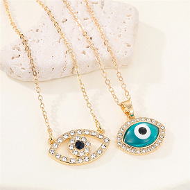 Vintage Blue Resin Evil Eye Pendant Necklace with Rhinestone Cutouts