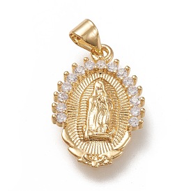Brass Pendants, with Clear Cubic Zirconia, Oval with Holy Virgin, Clear, Real 18K Gold Plated