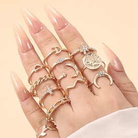 12Pcs Alloy Rhinestone Plain Band Rings