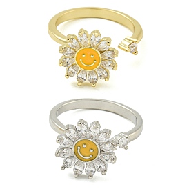 Sunflower with Smiling Face Enamel Rotatable Cuff Rings for Women, Brass Cubic Zirconia Fidget Spinner Rings for Calming Worry Meditation