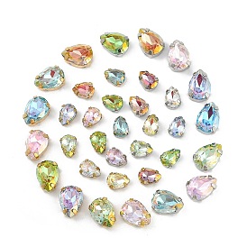 Brass Glass Rhinestone Sew on Rhinestones, Teardrop, Faceted, Mixed Color