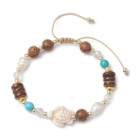 Adjustable Dyed Synthetic Turquoise & Coconut & Wood & Pearl Braided Bead Bracelets, Summer Beach Turtle Bracelets for Women Men