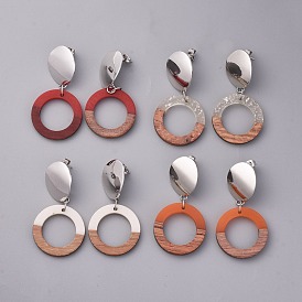 Boucles d'oreilles en bois et résine, avec apprêts de clous d'oreilles en laiton platine et 304 apprêts en acier inoxydable, anneau
