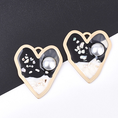 Epoxy Resin Pendants, with ABS Plastic Imitation Pearl and Shell, Alloy Findings and  Enamel, Heart