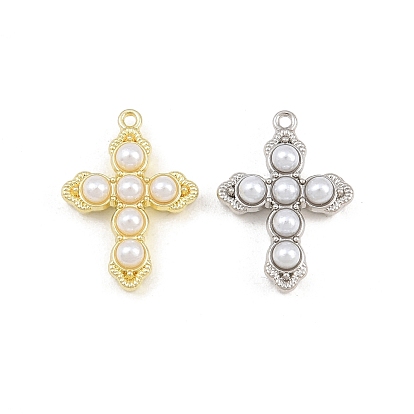 Alloy with ABS Plastic Imitation Pearl Pendants, Cross Charms, Rack Plating