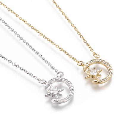 Ожерелье с кулоном из кубического циркония, с 304 кабельными цепями из нержавеющей стали и застежками омаров, Луна и звезды, прозрачные