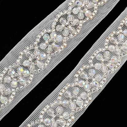 Polyester Lace Trims, with ABS Imitation Pearl Beads and Glass
