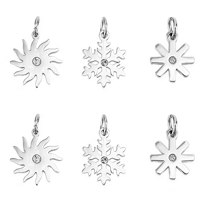 6 piezas 3 estilo ecológico 316 dijes de circonita cúbica transparente con micro pavé de acero inoxidable quirúrgico, larga duración plateado, formas mixtas