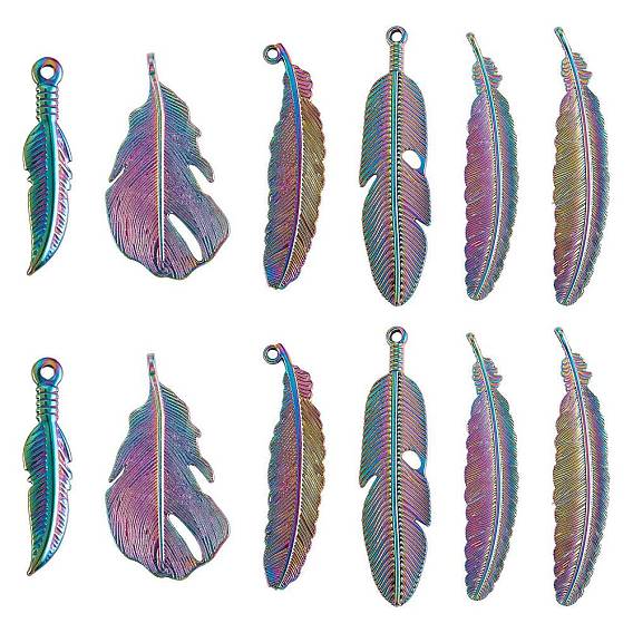 DIY Pendant Jewelry Making Kit, Including 12Pcs 6 Style Rainbow Color Alloy & 304 Stainless Steel Pendants, Feather