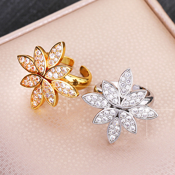 Messing Micro Pave Zirkonia Manschette offene Ringe, Blume