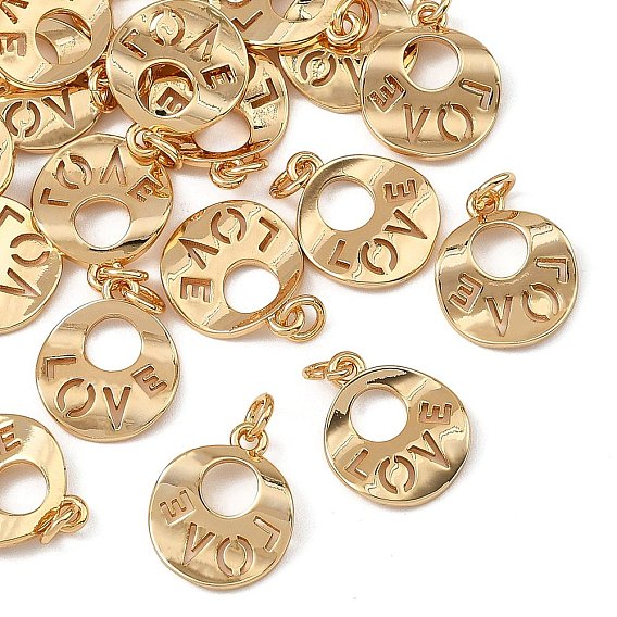 SHEGRACE Brass Charms, Flat Round with Word LOVE Charms, Cadmium Free & Nickel Free & Lead Free, Long-Lasting Plated