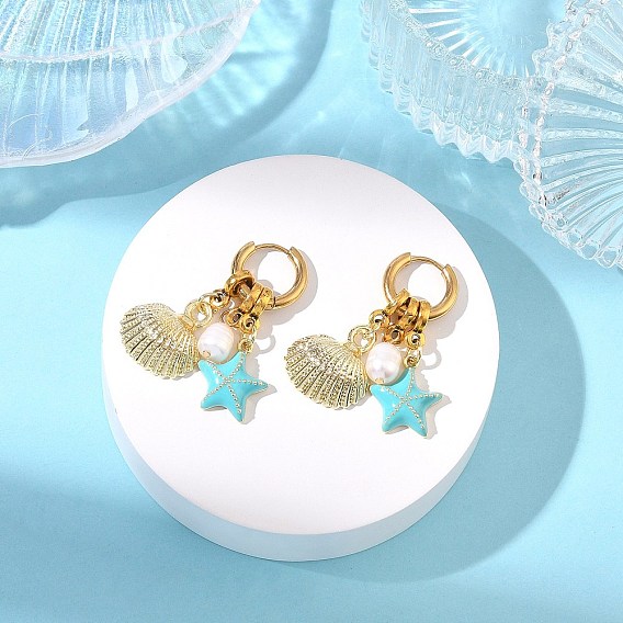 Подвеска в виде морской звезды с ракушкой 202 Серьги-кольца из нержавеющей стали, с подвесками из натурального культивированного пресноводного жемчуга, латунной эмали и сплавов.