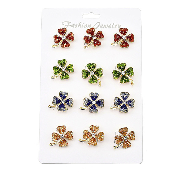 12 шт 4 цвета клевер сплав горный хрусталь броши для рюкзака одежды, со стеклом
