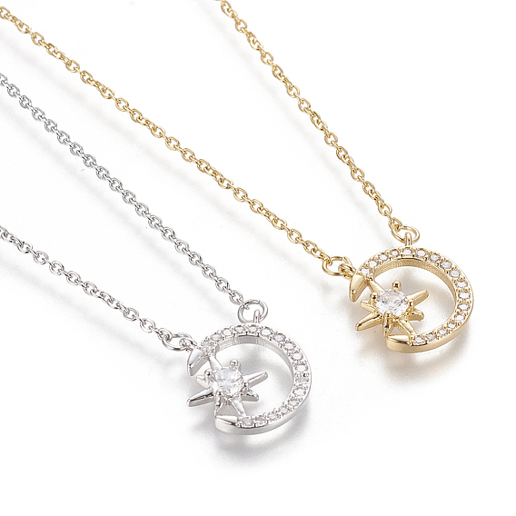 Ожерелье с кулоном из кубического циркония, с 304 кабельными цепями из нержавеющей стали и застежками омаров, Луна и звезды, прозрачные