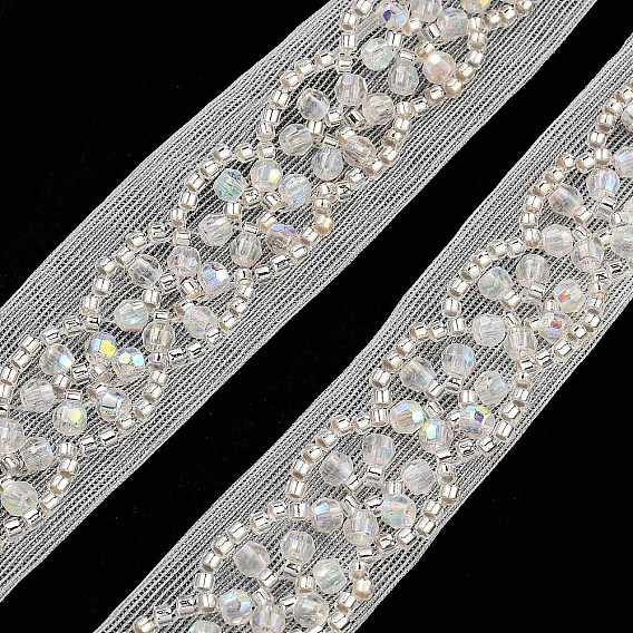 Polyester Lace Trims, with ABS Imitation Pearl Beads and Glass