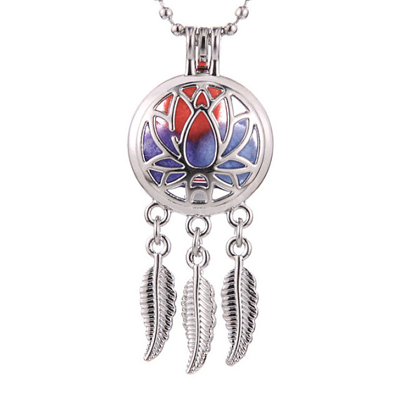 Alloy Diffuser Locket Pendants, with Lotus Pattern, Excluding Chain, Woven Net/Web with Feather