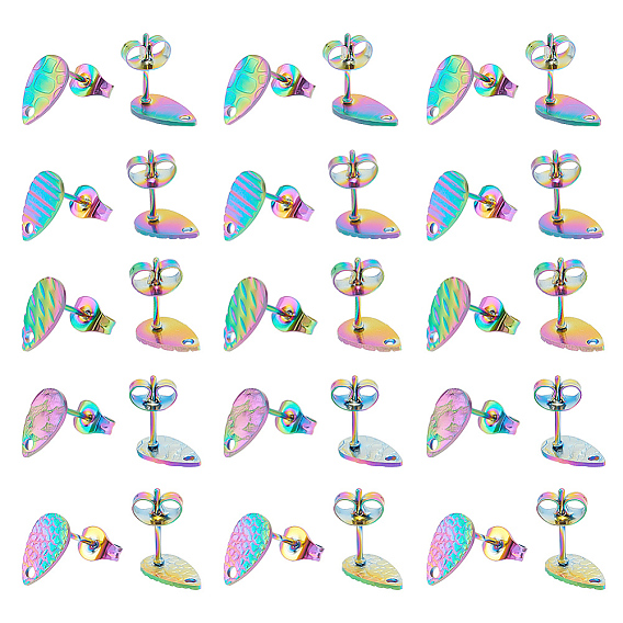 40 шт 5 стиль 304 серьги-гвоздики из нержавеющей стали, с отверстием, текстурированная слеза