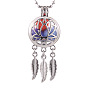 Alloy Diffuser Locket Pendants, with Lotus Pattern, Excluding Chain, Woven Net/Web with Feather