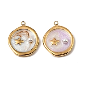 304 Stainless Steel Enamel Pendants, Round with Star Charms, with ABS Imitation Pearl Beads, Real 18K Gold Plated, Ion Plating(IP)