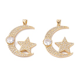 Brass Micro Pave Clear Cubic Zirconia Pendants, Long-Lasting Plated, Moon with Star