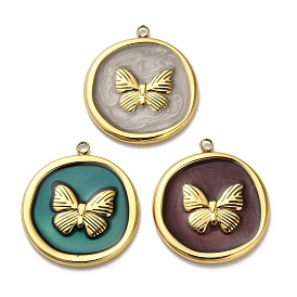 304 подвески из нержавеющей стали, плоские круглые с бабочкой, с эмалью, реальный 18 k позолоченный, ионное покрытие (ip)