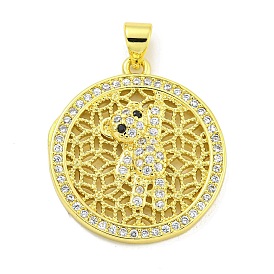 Rack Plating Brass Micro Pave Clear Cubic Zirconia Pendants, Long-Lasting Plated, Cadmium Free & Lead Free, Flat Round with Bear