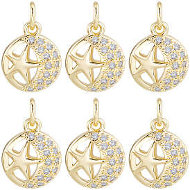 10подвески из латуни с микропаве из кубического циркония, без кадмия и без свинца, с прыжковых колец, плоские круглые подвески с узором в виде звезд и луны