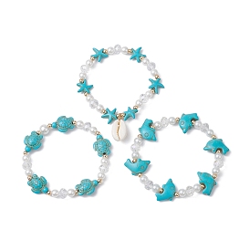 3Pcs Synthetic Turquoise & Natural Cowrie Shell Charm Bracelet Sets, Glass Bead Bracelets for Women, Dolphin & Turtle & Starfish