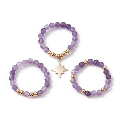 3Pcs 3 Styles Natural Mixed Gemstone Beaded Stretch Rings Set, Stackable Rings with Brass Star Charms