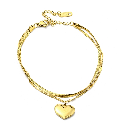 304 Stainless Steel Herringbone & Curb Chains Double Layered Multi-strand Bracelet, Love You Heart Charm Bracelet